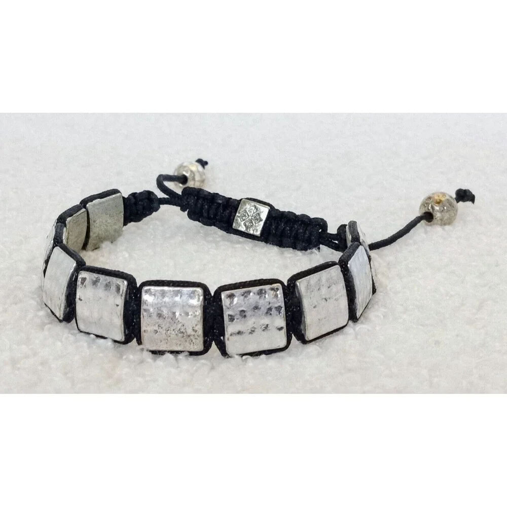 Men's Flat Hammered Silvertone Bead Corded Bracelet 6-10 in Adj